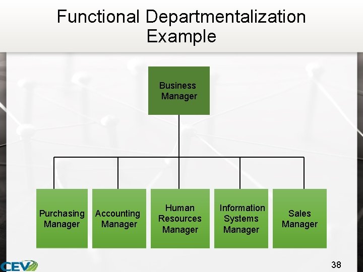 Functional Departmentalization Example Business Manager Purchasing Manager Accounting Manager Human Resources Manager Information Systems