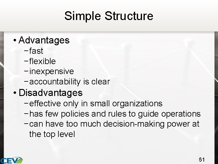 Simple Structure • Advantages − fast − flexible − inexpensive − accountability is clear
