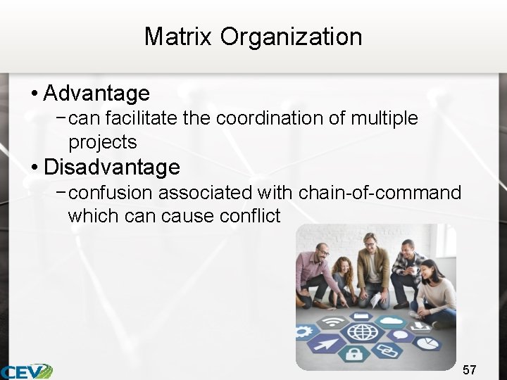Matrix Organization • Advantage − can facilitate the coordination of multiple projects • Disadvantage