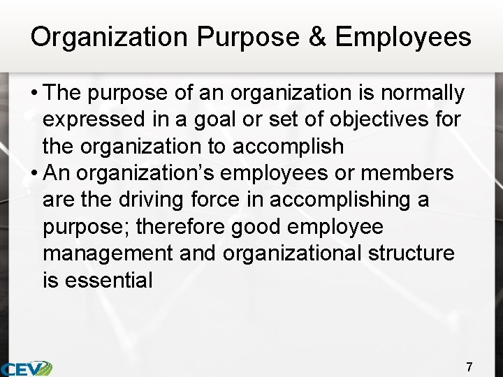 Organization Purpose & Employees • The purpose of an organization is normally expressed in