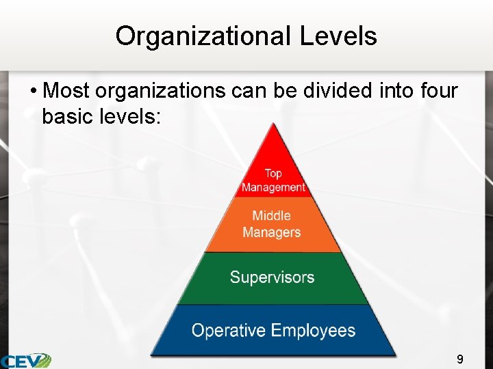 Organizational Levels • Most organizations can be divided into four basic levels: 9 