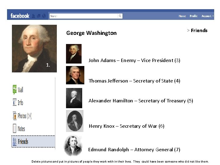 George Washington 1. > Friends John Adams – Enemy – Vice President (3) Thomas