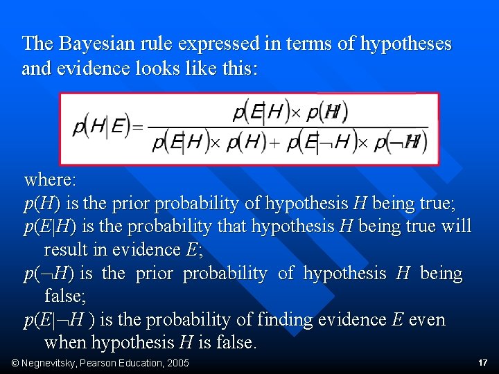 The Bayesian rule expressed in terms of hypotheses and evidence looks like this: where: