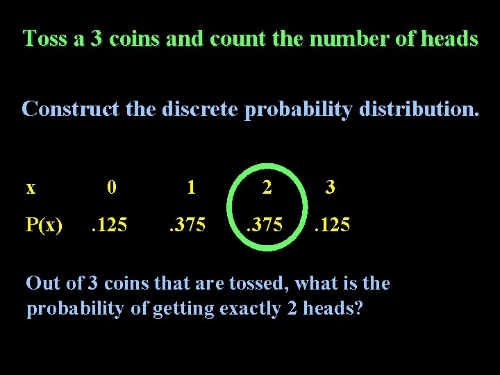 Toss a 3 coins and count the number of heads Construct the discrete probability