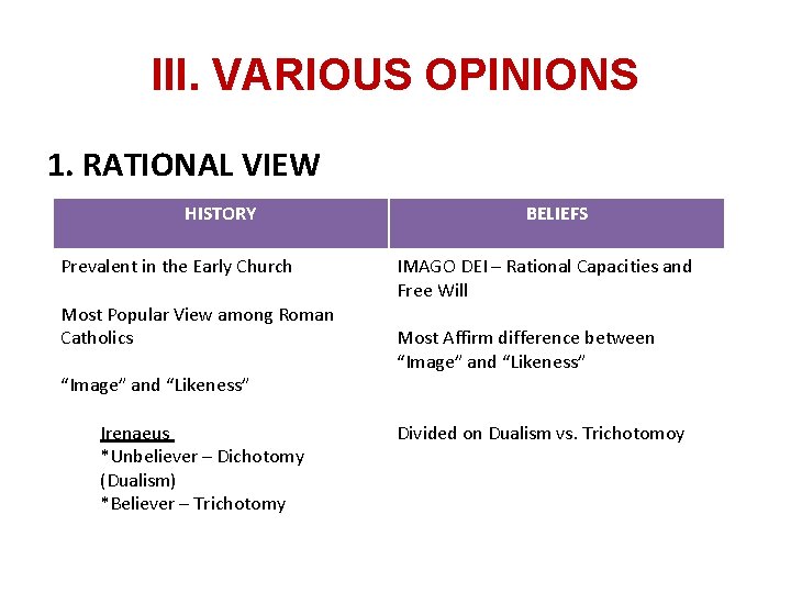 III. VARIOUS OPINIONS 1. RATIONAL VIEW HISTORY Prevalent in the Early Church Most Popular