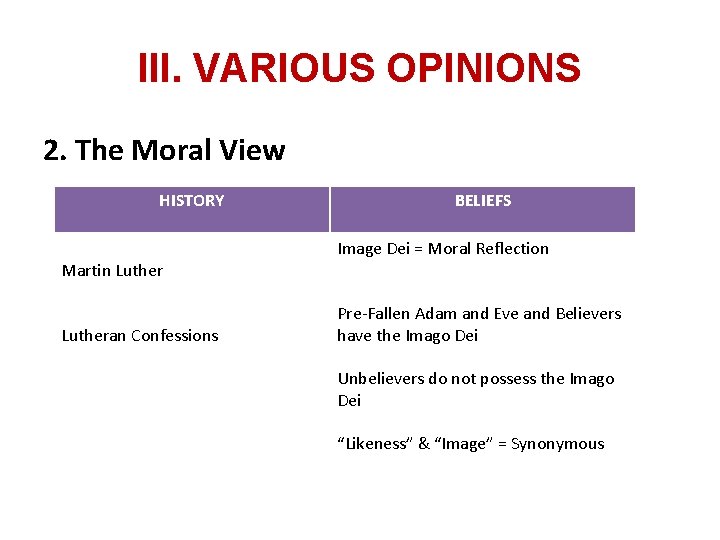III. VARIOUS OPINIONS 2. The Moral View HISTORY Martin Lutheran Confessions BELIEFS Image Dei