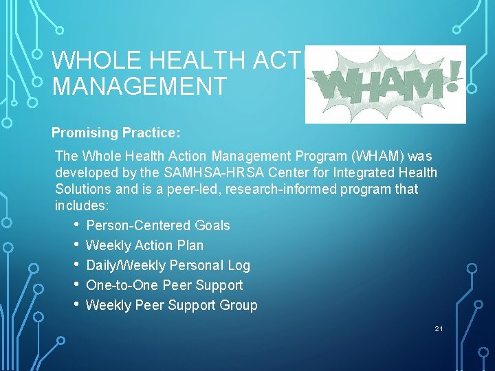 WHOLE HEALTH ACTION MANAGEMENT Promising Practice: The Whole Health Action Management Program (WHAM) was