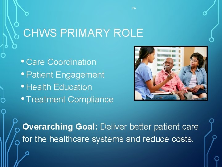 24 CHWS PRIMARY ROLE • Care Coordination • Patient Engagement • Health Education •
