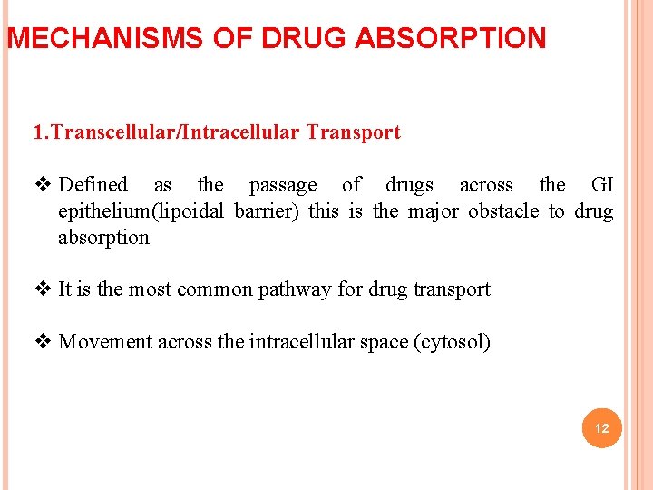 MECHANISMS OF DRUG ABSORPTION 1. Transcellular/Intracellular Transport v Defined as the passage of drugs MECHANISMS OF DRUG ABSORPTION 1. Transcellular/Intracellular Transport v Defined as the passage of drugs