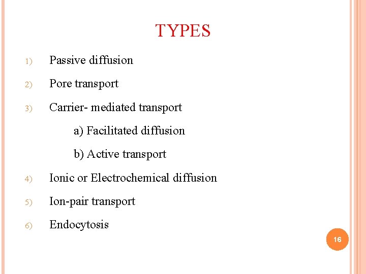 TYPES 1) Passive diffusion 2) Pore transport 3) Carrier- mediated transport a) Facilitated diffusion TYPES 1) Passive diffusion 2) Pore transport 3) Carrier- mediated transport a) Facilitated diffusion