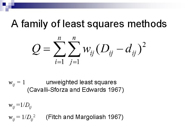 A family of least squares methods wij = 1 unweighted least squares (Cavalli-Sforza and