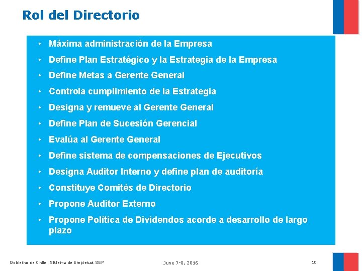 Rol del Directorio • Máxima administración de la Empresa • Define Plan Estratégico y