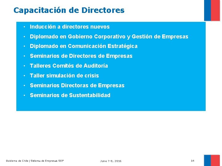 Capacitación de Directores • Inducción a directores nuevos • Diplomado en Gobierno Corporativo y