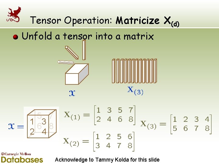Tensor Operation: Matricize X(d) Unfold a tensor into a matrix 5 7 1 3