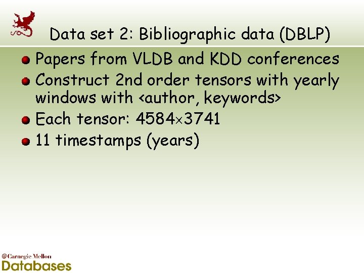 Data set 2: Bibliographic data (DBLP) Papers from VLDB and KDD conferences Construct 2