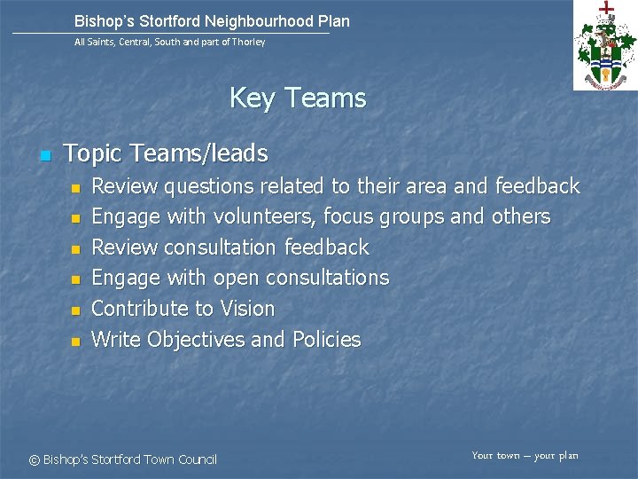 Bishop’s Stortford Neighbourhood Plan All Saints, Central, South and part of Thorley Key Teams