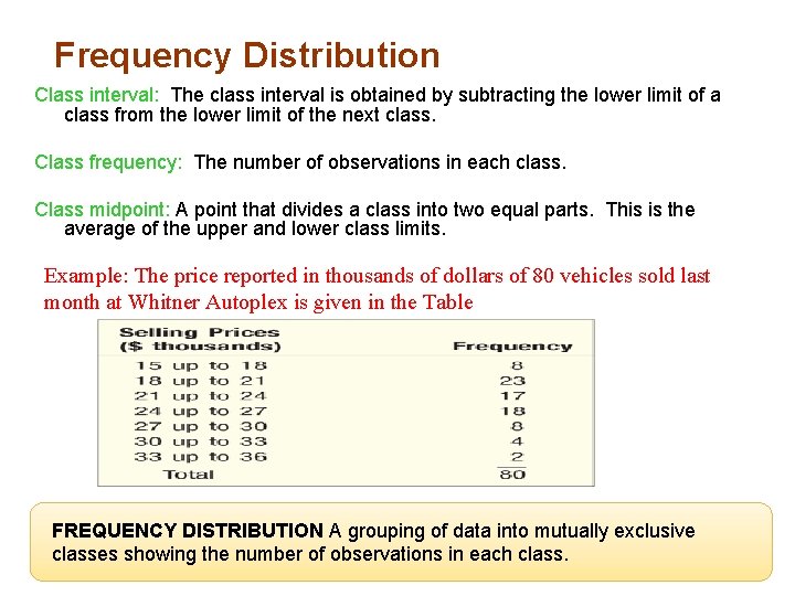 Frequency Distribution Class interval: The class interval is obtained by subtracting the lower limit