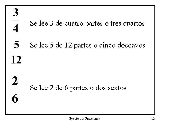 Se lee 3 de cuatro partes o tres cuartos Se lee 5 de 12