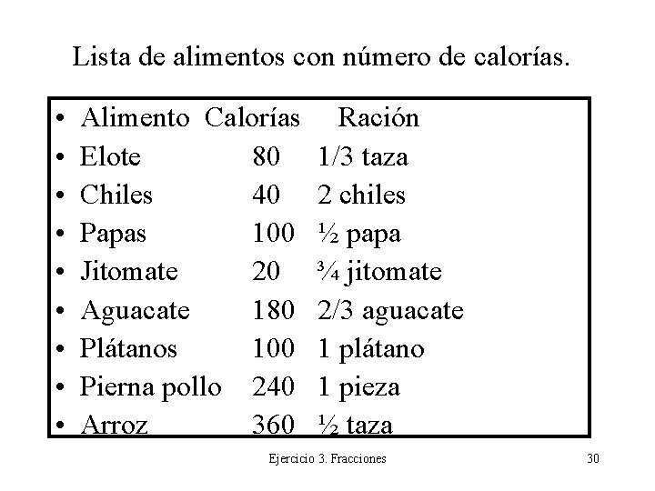 Lista de alimentos con número de calorías. • • • Alimento Calorías Elote 80