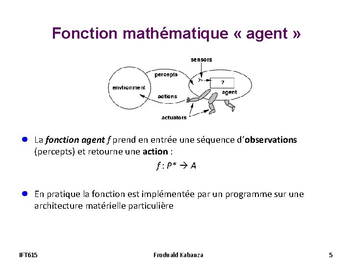 Fonction mathématique « agent » ● La fonction agent f prend en entrée une