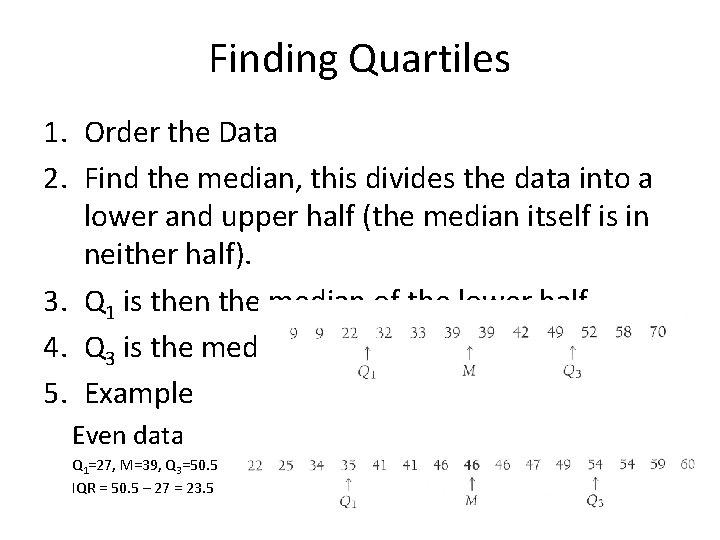 Finding Quartiles 1. Order the Data 2. Find the median, this divides the data Finding Quartiles 1. Order the Data 2. Find the median, this divides the data