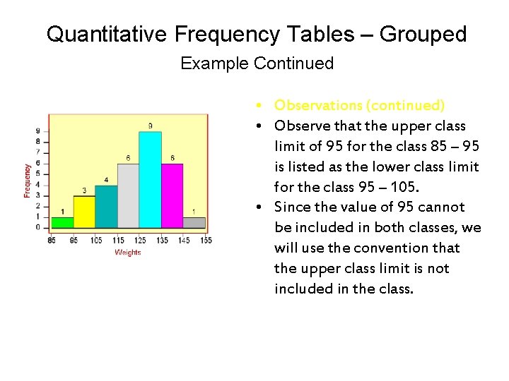 Quantitative Frequency Tables – Grouped Example Continued • Observations (continued) • Observe that the Quantitative Frequency Tables – Grouped Example Continued • Observations (continued) • Observe that the