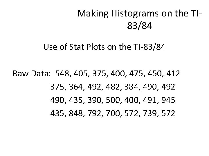 Making Histograms on the TI 83/84 Use of Stat Plots on the TI-83/84 Raw Making Histograms on the TI 83/84 Use of Stat Plots on the TI-83/84 Raw