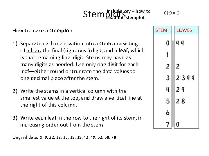 Stemplots Include key – how to read the stemplot. How to make a stemplot: Stemplots Include key – how to read the stemplot. How to make a stemplot: