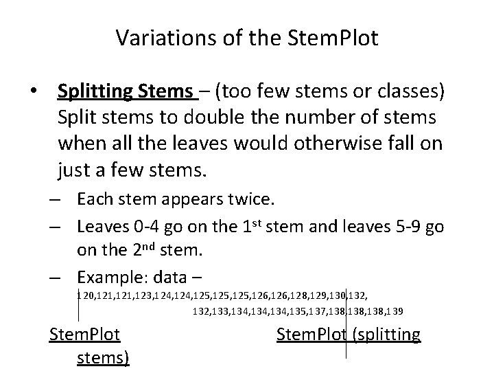 Variations of the Stem. Plot • Splitting Stems – (too few stems or classes) Variations of the Stem. Plot • Splitting Stems – (too few stems or classes)