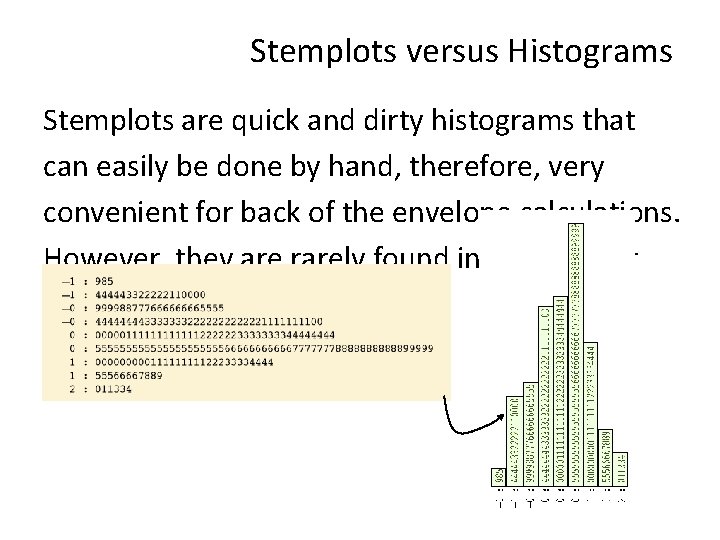 Stemplots versus Histograms Stemplots are quick and dirty histograms that can easily be done Stemplots versus Histograms Stemplots are quick and dirty histograms that can easily be done