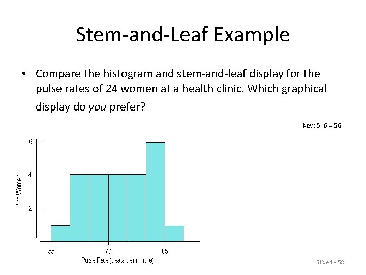 Stem-and-Leaf Example • Compare the histogram and stem-and-leaf display for the pulse rates of Stem-and-Leaf Example • Compare the histogram and stem-and-leaf display for the pulse rates of