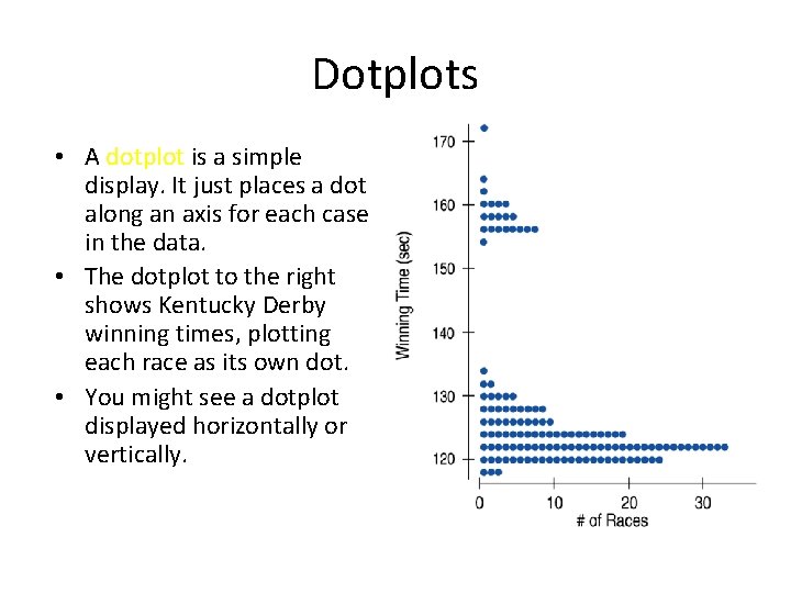 Dotplots • A dotplot is a simple display. It just places a dot along Dotplots • A dotplot is a simple display. It just places a dot along