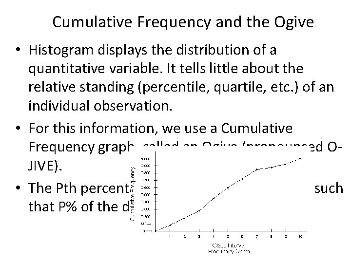 Cumulative Frequency and the Ogive • Histogram displays the distribution of a quantitative variable. Cumulative Frequency and the Ogive • Histogram displays the distribution of a quantitative variable.