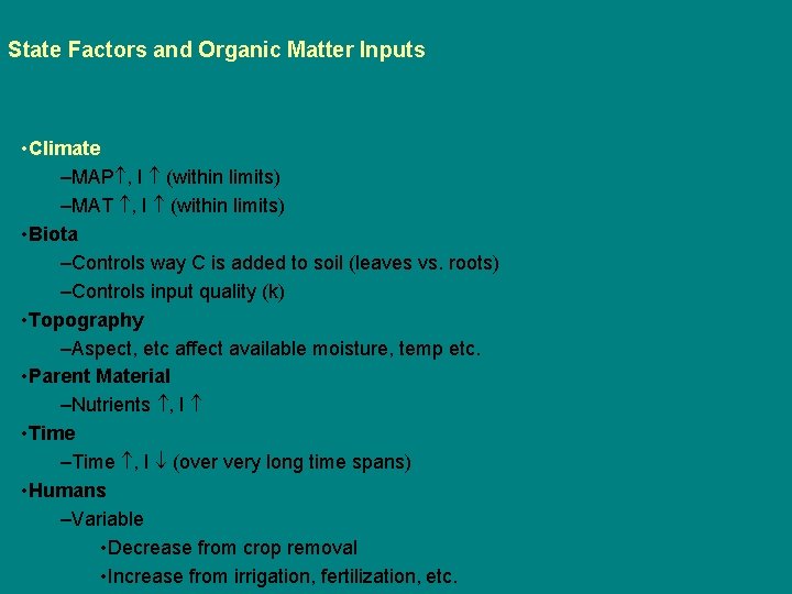 State Factors and Organic Matter Inputs • Climate –MAP , I (within limits) –MAT
