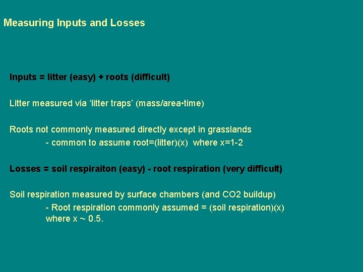 Measuring Inputs and Losses Inputs = litter (easy) + roots (difficult) Litter measured via