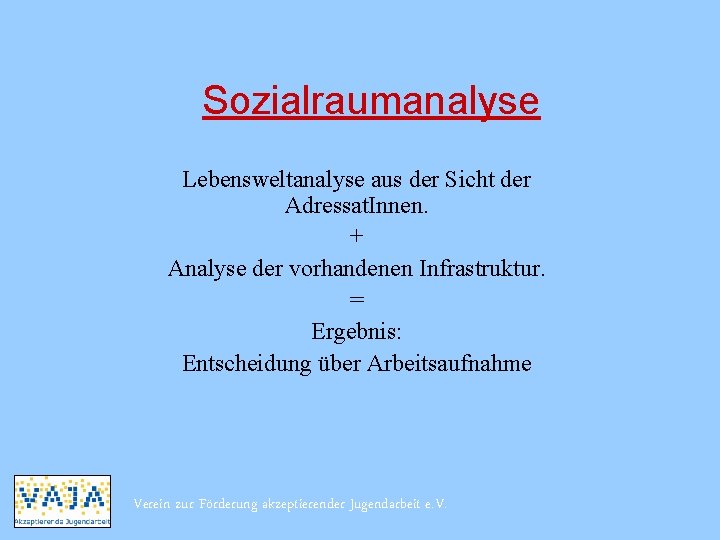 Sozialraumanalyse Lebensweltanalyse aus der Sicht der Adressat. Innen. + Analyse der vorhandenen Infrastruktur. =