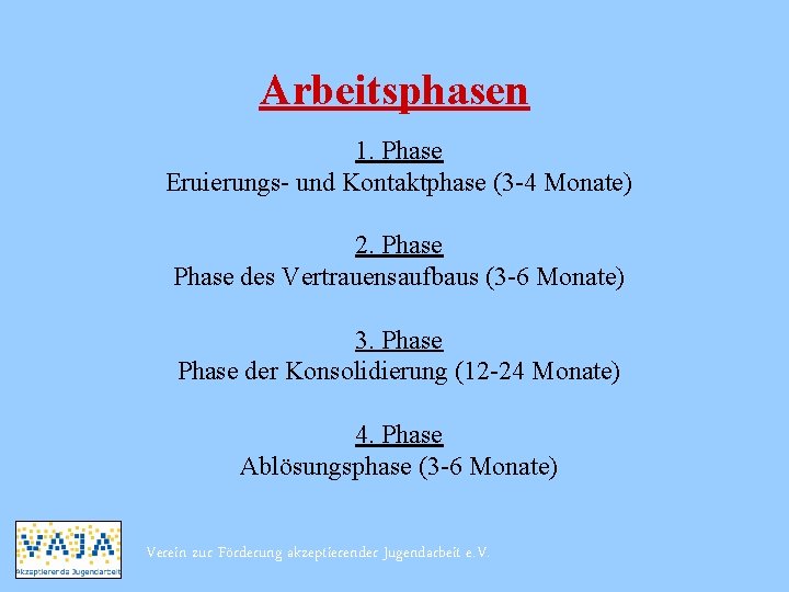 Arbeitsphasen 1. Phase Eruierungs- und Kontaktphase (3 -4 Monate) 2. Phase des Vertrauensaufbaus (3