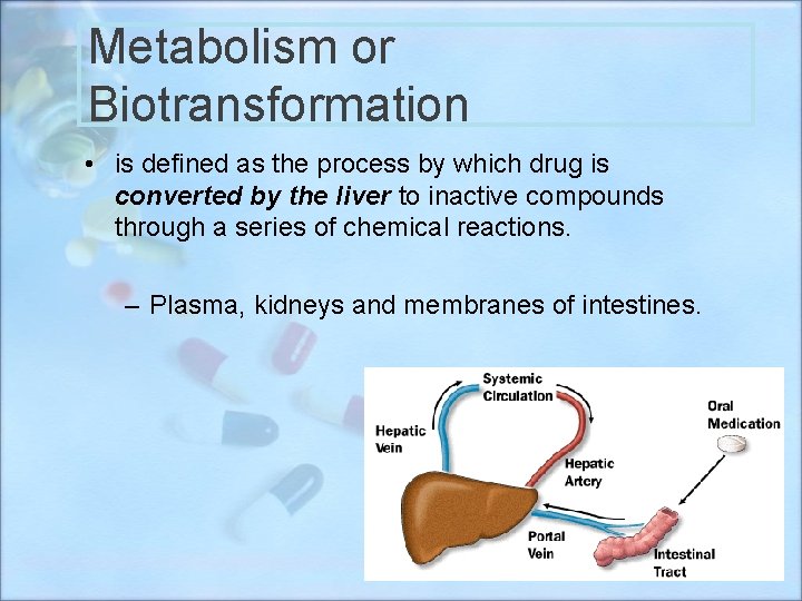 Metabolism or Biotransformation • is defined as the process by which drug is converted