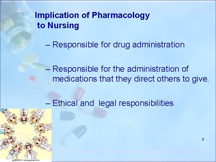 Implication of Pharmacology to Nursing – Responsible for drug administration – Responsible for the