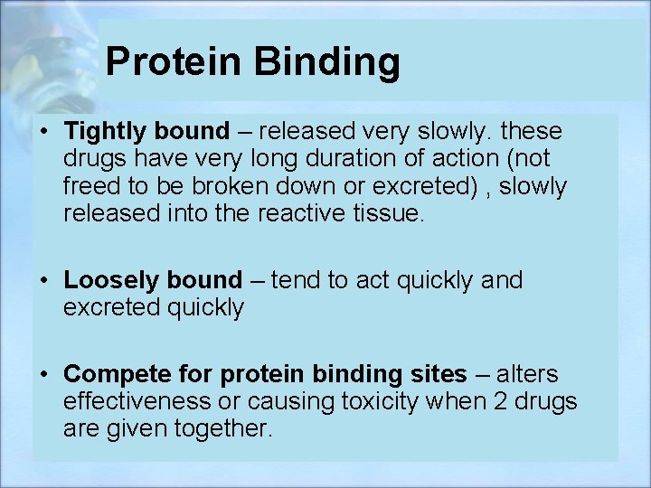 Protein Binding • Tightly bound – released very slowly. these drugs have very long