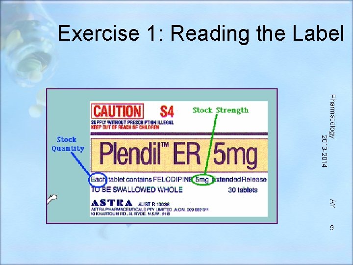 Exercise 1: Reading the Label Pharmacology 2013 -2014 AY 9 