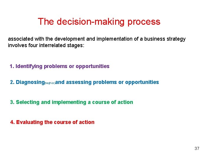 The decision-making process associated with the development and implementation of a business strategy involves