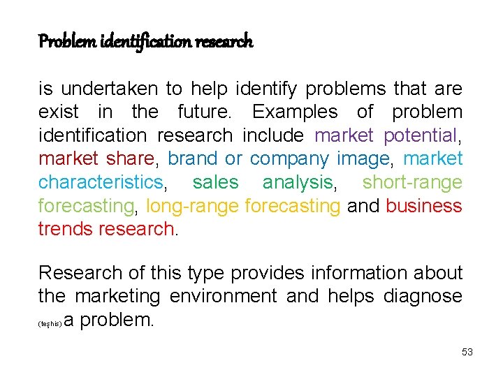 Problem identification research is undertaken to help identify problems that are exist in the