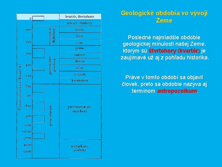 Geologické obdobia vo vývoji Zeme Posledné najmladšie obdobie geologickej minulosti našej Zeme, ktorým sú