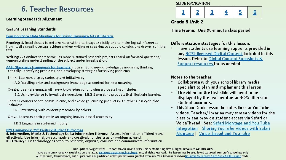 6. Teacher Resources Learning Standards Alignment Content Learning Standards SLIDE NAVIGATION 1 2 3