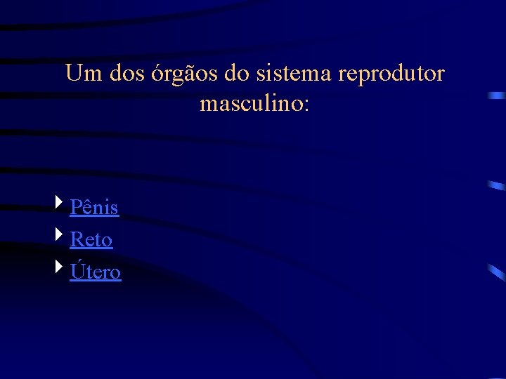 Um dos órgãos do sistema reprodutor masculino: 4 Pênis 4 Reto 4Útero 
