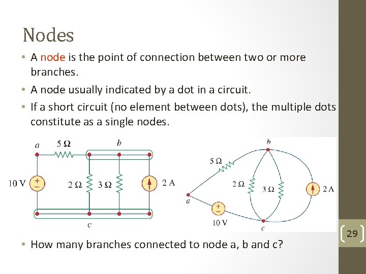 Nodes • A node is the point of connection between two or more branches.