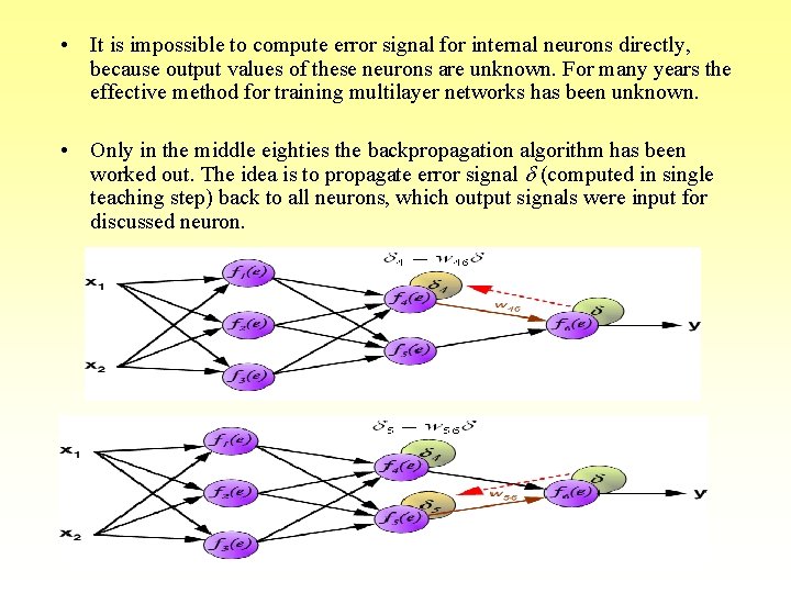 • It is impossible to compute error signal for internal neurons directly, because • It is impossible to compute error signal for internal neurons directly, because