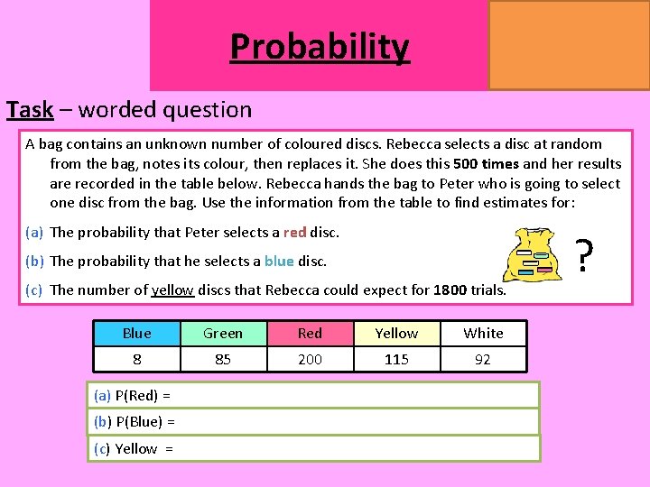 MATHSWATCH CLIP 14, 59, 60, 125 GRADE 1, 2, 3 Probability Task – worded