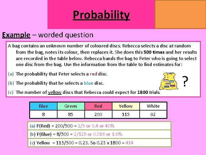 MATHSWATCH CLIP 14, 59, 60, 125 GRADE 1, 2, 3 Probability Example – worded